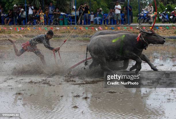 Jockey competes in Chonburi's annual buffalo race festival in Chonburi province, east of Bangkok on July 15, 2018.