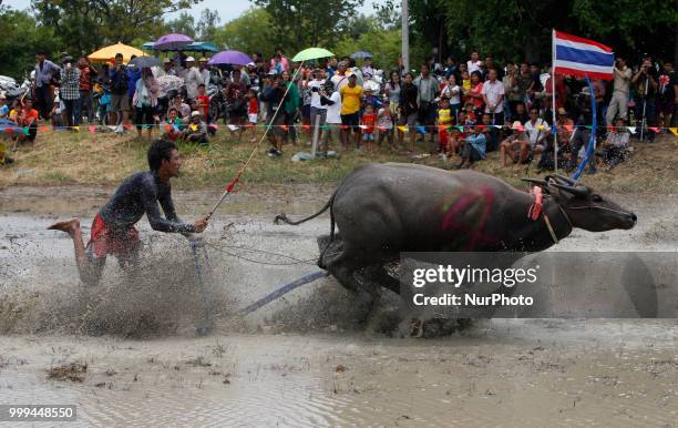 Jockey competes in Chonburi's annual buffalo race festival in Chonburi province, east of Bangkok on July 15, 2018.