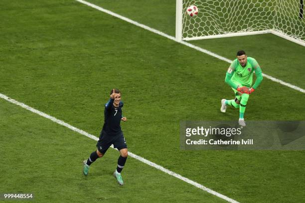 Antoine Griezmann of France celebrates after scoring a penalty for his team's second goal during the 2018 FIFA World Cup Final between France and...