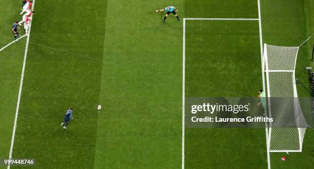 Antoine Griezmann of France scores his team's second goal from the penalty spot past Danijel Subasic of Croatia during the 2018 FIFA World Cup Final...