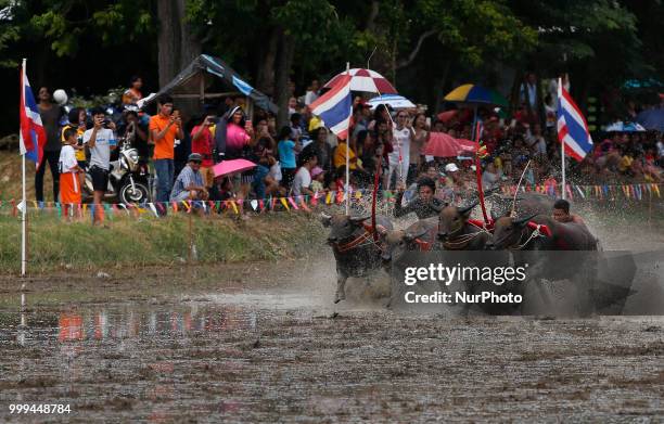 Jockeys compete in Chonburi's annual buffalo race festival in Chonburi province, east of Bangkok on July 15, 2018.