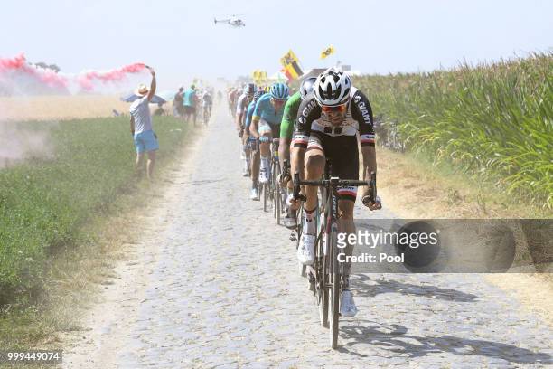 Tom Dumoulin of The Netherlands and Team Sunweb / Peter Sagan of Slovakia and Team Bora Hansgrohe Green Sprint Jersey / Pave / Dust / Cobbles /...