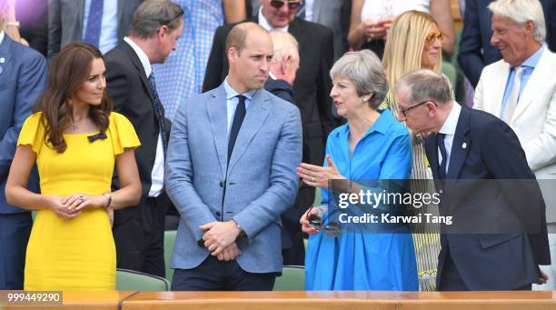 Catherine, Duchess of Cambridge, Prince William, Duke of Cambridge, Prime Minister Theresa May and Philip May attend the men's singles final on day...