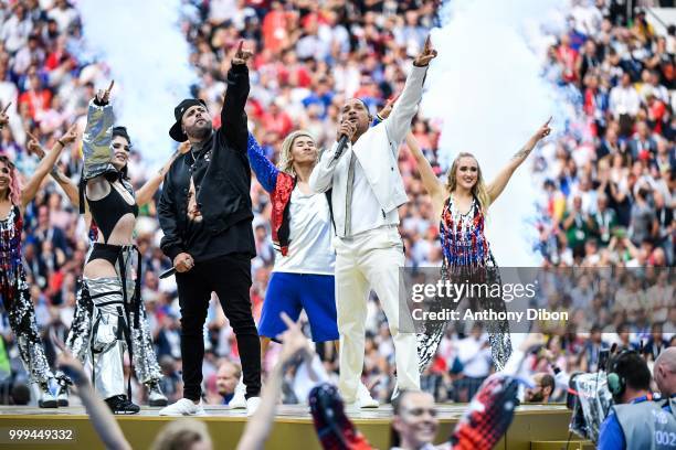 Pre match entertainment Nicky Jam with Will Smith during the World Cup Final match between France and Croatia at Luzhniki Stadium on July 15, 2018 in...