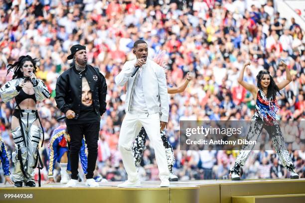 Pre match entertainment Nicky Jam with Will Smith during the World Cup Final match between France and Croatia at Luzhniki Stadium on July 15, 2018 in...