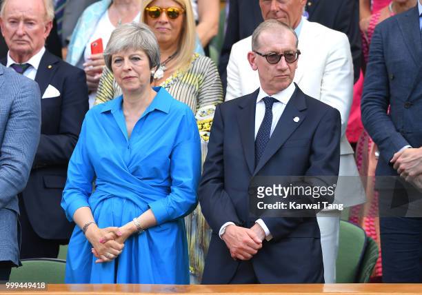 Prime Minister Theresa May and Philip May attend the men's singles final on day thirteen of the Wimbledon Tennis Championships at the All England...