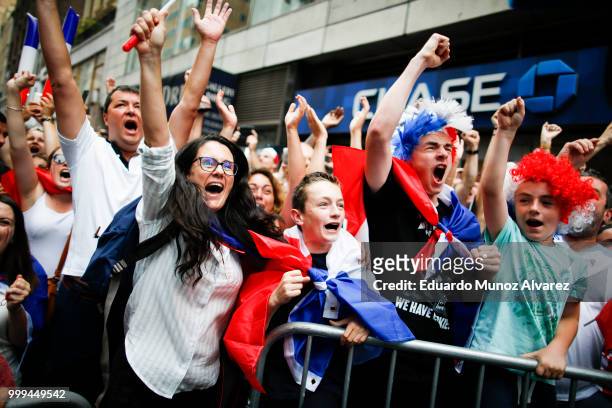 Fans celebrate France's second goal during a watch party for the World Cup final between France and Croatia on July 15, 2018 in New York City. France...