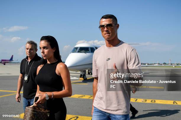 Juventus new signing Cristiano Ronaldo is seen upon his arrival at Caselle Airport on July 15, 2018 in Turin, Italy.