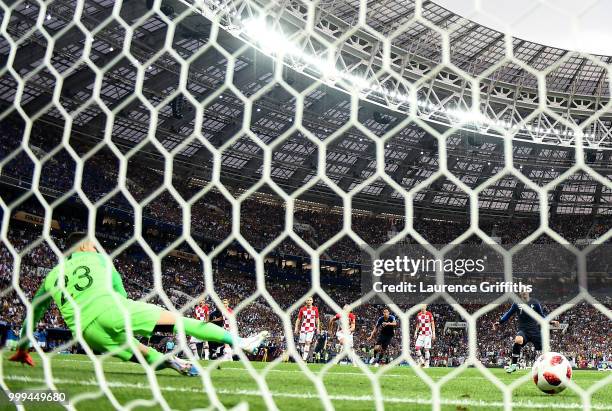 Antoine Griezmann of France scores his team's second goal from the penalty spot past Danijel Subasic of Croatia during the 2018 FIFA World Cup Final...