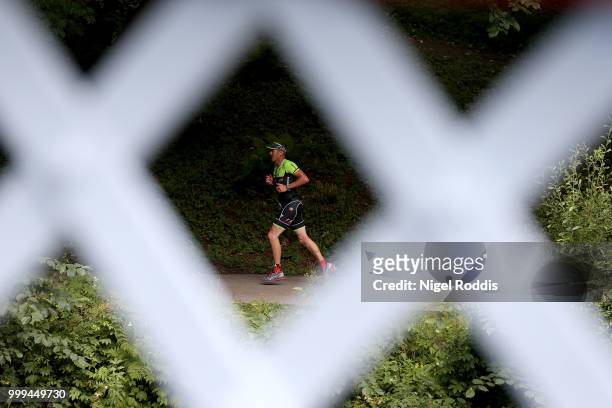 An athlete competes in the run section of Ironman UK on July 15, 2018 in Bolton, England.
