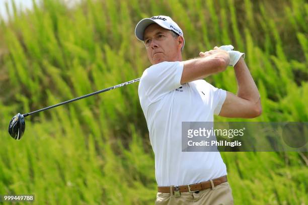 Gary Marks of England in action during Day Three of the WINSTONgolf Senior Open at WINSTONlinks on July 15, 2018 in Schwerin, Germany.