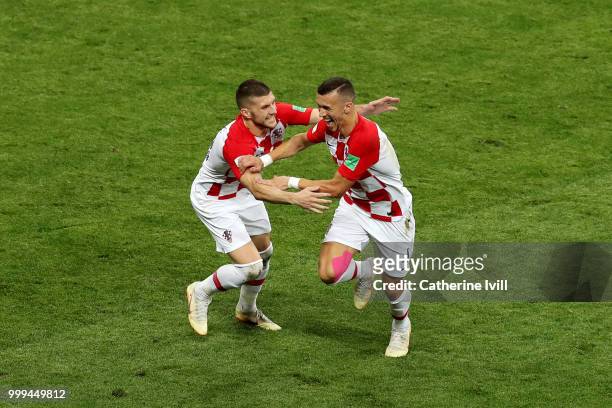 Ivan Perisic of Croatia celebrates after scoring his side's first goal, with team mate Ante Rebic during the 2018 FIFA World Cup Final between France...