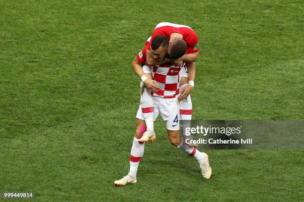 Ivan Perisic of Croatia celebrates after scoring his side's first goal, with team mate Ante Rebic during the 2018 FIFA World Cup Final between France...