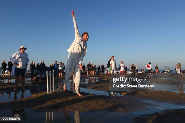 Stuart Broad bowls for the Royal Southern Yacht Club against the Island Sailing Club during the Annual Bramble Bank Cricket Match 2018 supported by...