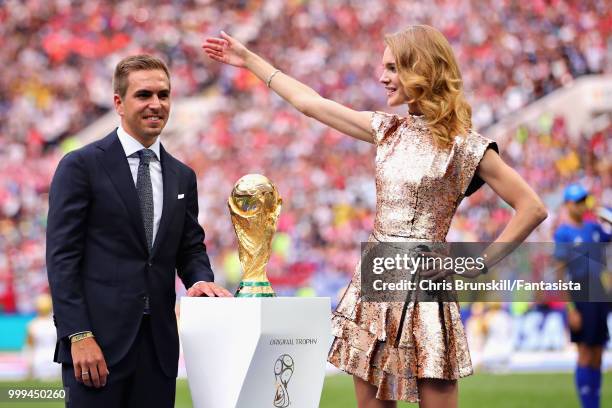 World Cup winner Philipp Lahm of Germany is seen with the World Cup trophy before the 2018 FIFA World Cup Russia Final between France and Croatia at...