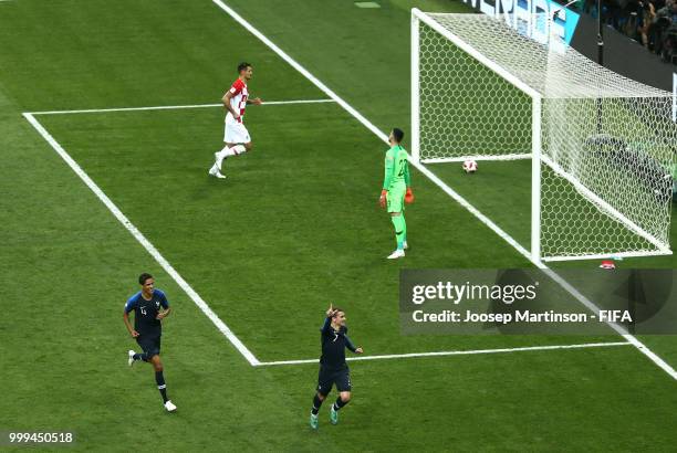 Antoine Griezmann of France scores past Danijel Subasic of Croatia his team's second goal from the penalty spot during the 2018 FIFA World Cup Final...