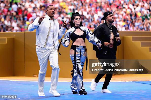 Singer Will Smith, Kosovo's singer Era Istrefi and US rapper Nick Rivera Caminero aka Nicky Jam perform in the closing ceremony before the 2018 FIFA...