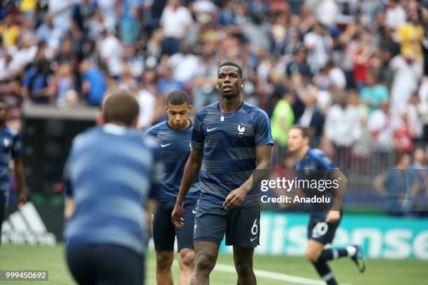 Paul Pogba and Kylian Mbappe of France are seen ahead of the 2018 FIFA World Cup Russia final match between France and Croatia at the Luzhniki...