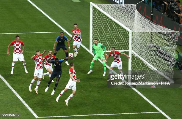 Blaise Matuidi of France attempts a header during the 2018 FIFA World Cup Final between France and Croatia at Luzhniki Stadium on July 15, 2018 in...