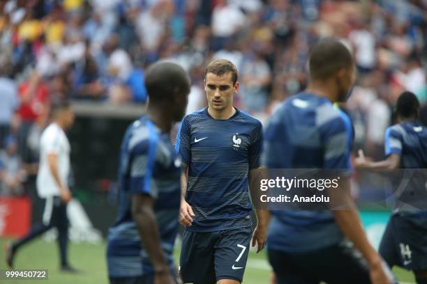 Antoine Griezmann of France are seen ahead of the 2018 FIFA World Cup Russia final match between France and Croatia at the Luzhniki Stadium in...