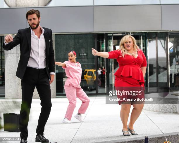 Rebel Wilson, Liam Hemsworth and Adam Devine are seen filming re-shoots for 'Isn't It Romantic?' on July 15, 2018 in New York, New York.