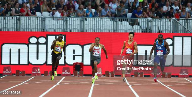 Jahnoy Thompson of Jamaica, Michael Bryan of Germany, Zhenye Xie of China and Ameer Webb of USA compete in the 200m Men during Athletics World Cup...