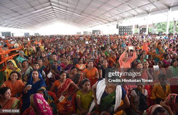 People gathered during a public rally by Prime Minister Narendra Modi at Rajatalab, Kachnar area, on July 14, 2018 in Varanasi, India. Modi, who is...