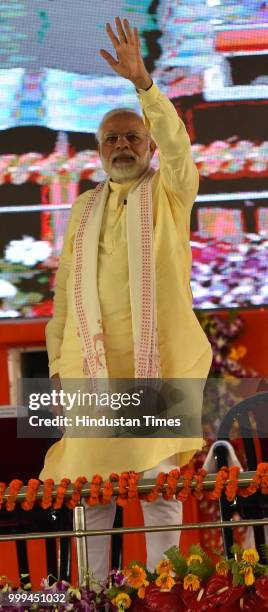 Prime Minister Narendra Modi during a public rally at Rajatalab, Kachnar area, on July 14, 2018 in Varanasi, India. Modi, who is on a two-day tour of...