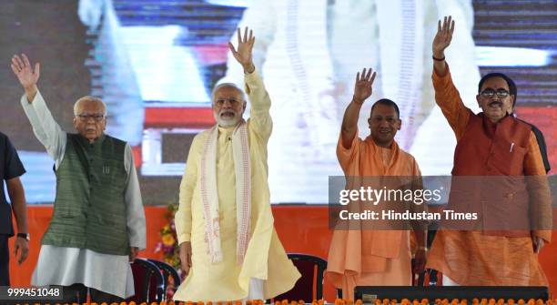 Prime Minister Narendra Modi with Uttar Pradesh Governor Ram Naik, and Chief Minister Yogi Adityanath, Uttar Pradesh Deputy Chief Minister Keshav...