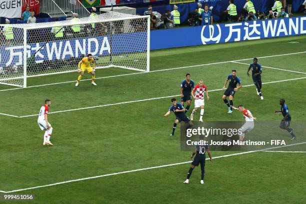 Ivan Perisic of Croatia scores his team's first goal during the 2018 FIFA World Cup Final between France and Croatia at Luzhniki Stadium on July 15,...