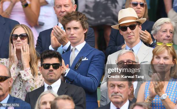 Hannah Bagshawe, Eddie Redmayne and Benedict Cumberbatch attend the men's singles final on day thirteen of the Wimbledon Tennis Championships at the...