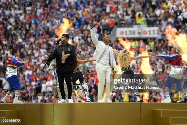 Artists Nicky Jam and Will Smith perform during the closing ceremony prior to the 2018 FIFA World Cup Final between France and Croatia at Luzhniki...