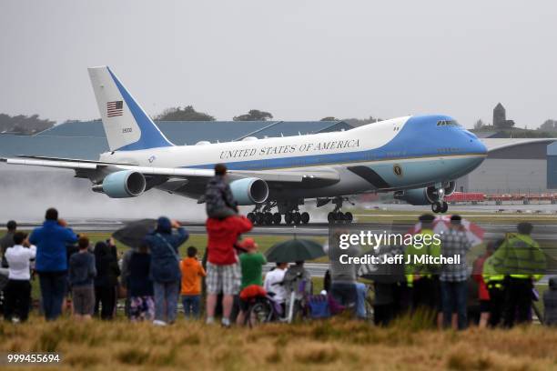 President, Donald Trump and First Lady, Melania Trump depart from Glasgow Prestwick Airport aboard Air Force One, following the U.S. President's...