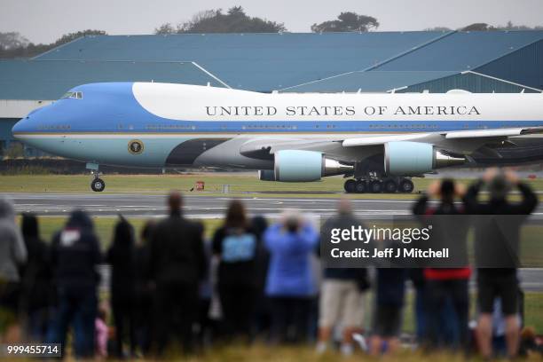 President, Donald Trump and First Lady, Melania Trump depart from Glasgow Prestwick Airport aboard Air Force One, following the U.S. President's...