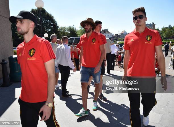 The Red Devils are pictured on the balcony of the cityhall of Brussels waving to their fans after their return from the 2018 world cup in Russia *...