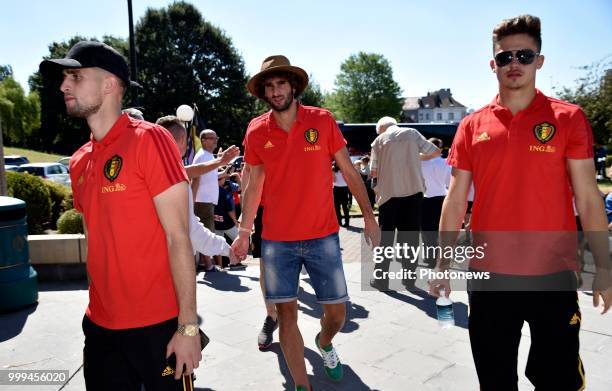 The Red Devils are pictured on the balcony of the cityhall of Brussels waving to their fans after their return from the 2018 world cup in Russia *...