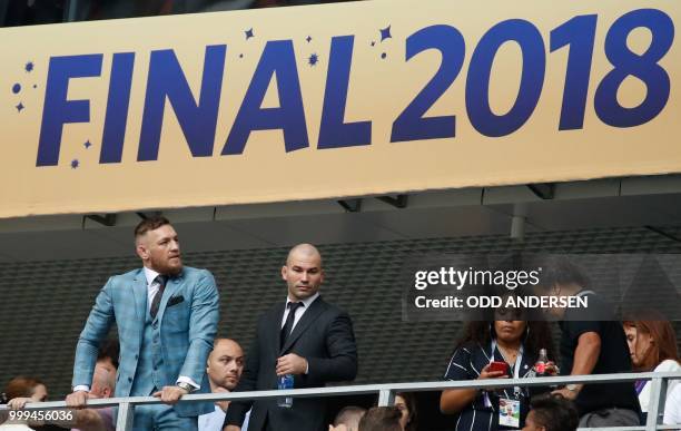 Irish mixed martial artist Conor McGregor attends the Russia 2018 World Cup final football match between France and Croatia at the Luzhniki Stadium...