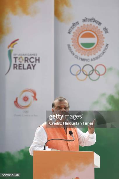 Indian Olympic Association President Narinder Batra speaks during the 'Torch Relay' begins for the 18th Asian Games Jakarta Palembang 2018, after the...