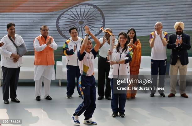 Indian boxer MC Mary Kom joins the torch lighting ceremony as the 'Torch Relay' begins for the 18th Asian Games Jakarta Palembang 2018, after the...