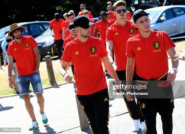 The Red Devils are pictured on the balcony of the cityhall of Brussels waving to their fans after their return from the 2018 world cup in Russia *...