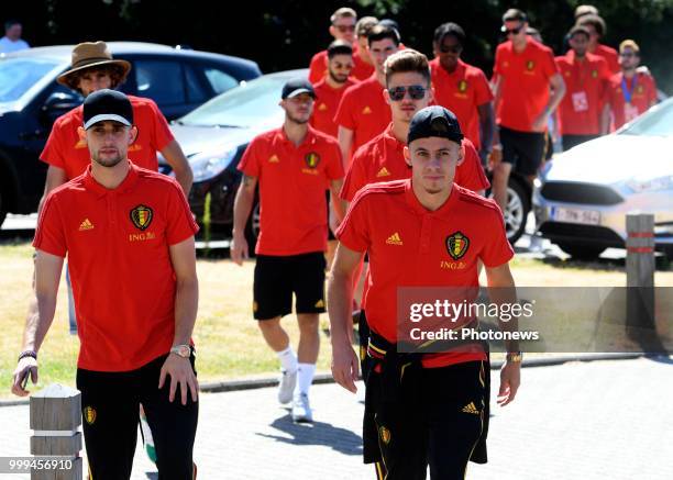 The Red Devils are pictured on the balcony of the cityhall of Brussels waving to their fans after their return from the 2018 world cup in Russia *...