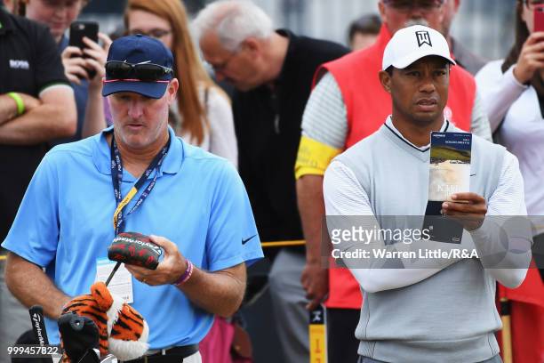 Tiger Woods of the United States and his caddie Joe LaCava seen while practicing during previews to the 147th Open Championship at Carnoustie Golf...