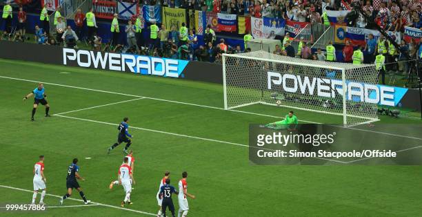 Antoine Griezmann of France scores the second goal for his team from the penalty spot during the 2018 FIFA World Cup Russia Final between France and...