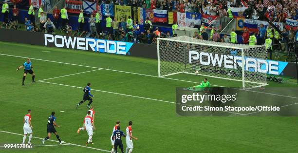 Antoine Griezmann of France scores the second goal for his team from the penalty spot during the 2018 FIFA World Cup Russia Final between France and...