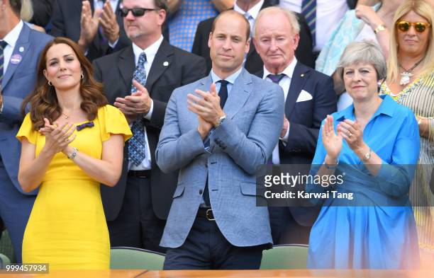 Catherine, Duchess of Cambridge, Prince William, Duke of Cambridge and Prime Minister Theresa May attend the men's singles final on day thirteen of...