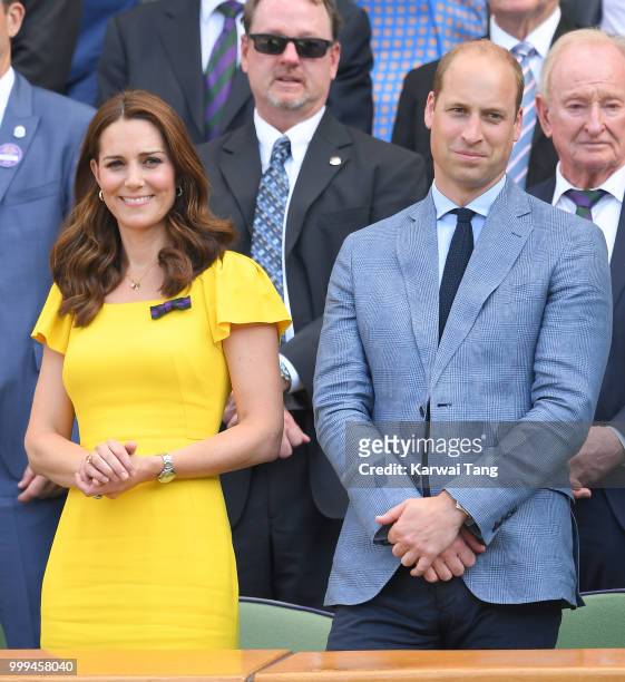 Catherine, Duchess of Cambridge, Prince William and Duke of Cambridge during the men's singles final on day thirteen of the Wimbledon Tennis...