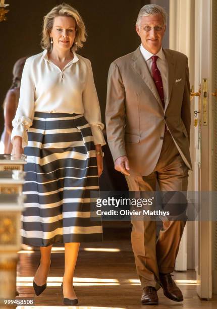 King Philip of Belgium and Queen Mathilde welcome the Red Devils, the Belgium international football team after returning from Russia at the Royal...