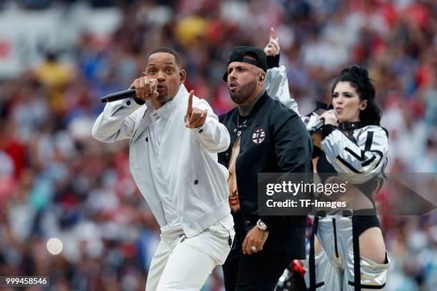 Will Smith, Nicky Jam and Era Istrefi perform during the closing ceremony prior to the 2018 FIFA World Cup Final between France and Croatia at...