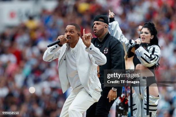 Will Smith, Nicky Jam and Era Istrefi perform during the closing ceremony prior to the 2018 FIFA World Cup Final between France and Croatia at...