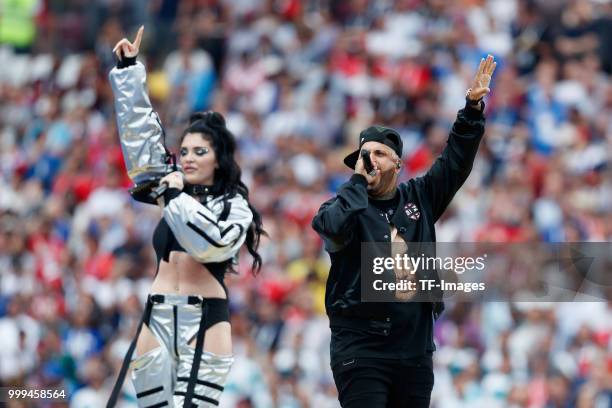 Era Istrefi and Nicky Jam perform during the closing ceremony prior to the 2018 FIFA World Cup Final between France and Croatia at Luzhniki Stadium...